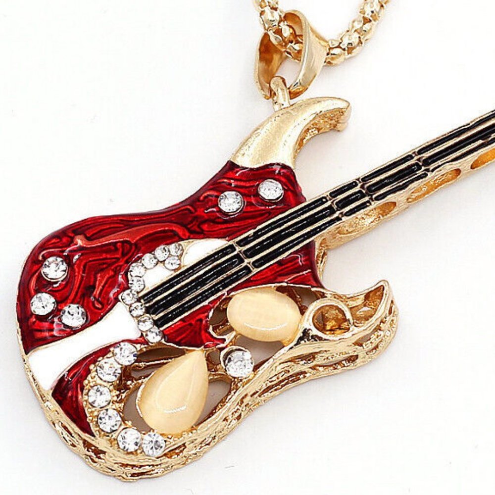 Music Lovers! Electric GUITAR Red & White Enamel & Rhinestone Pendant Necklace - Picture 8 of 8